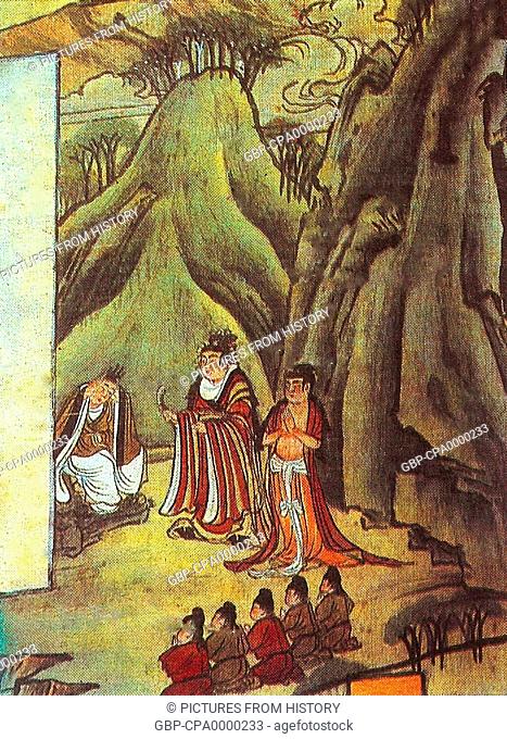 China: A Tang Chinese silk landscape painting depicting a young Sakyamuni cutting his hair, Mogao Caves, Gansu