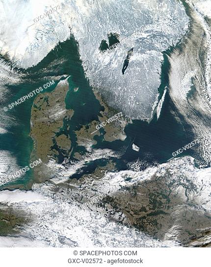 This true-color image from December 31, 2002, features snow in northern Europe. At the top of the image are the countries of Norway left and Sweden right