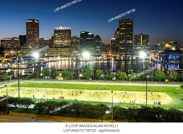 Baltimore inner harbour and city skyline at night from Federal Hill Park