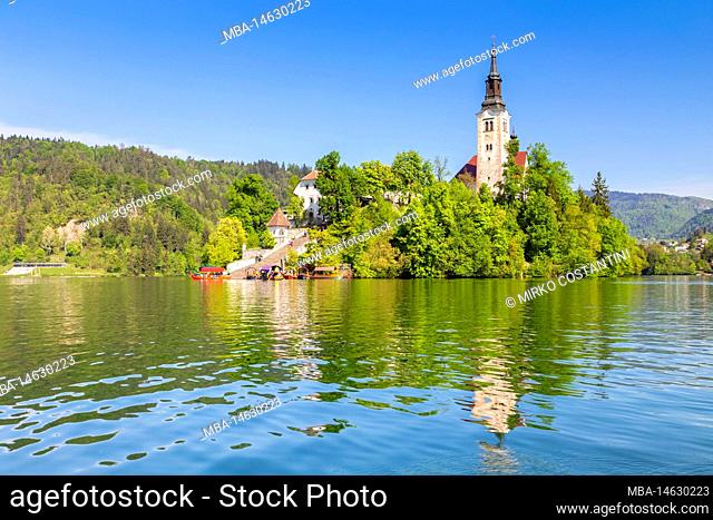 View of Bled church and island on Lake Bled. Bled, Upper Carniola, Slovenia