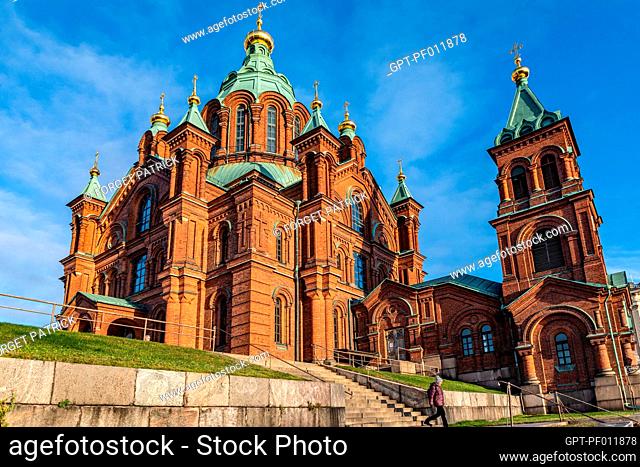 THE BELL TOWERS OF THE USPENSKI CATHEDRAL, THE CENTER OF THE FINNISH EASTERN ORTHODOX CHURCH, HELSINKI, FINLAND, EUROPE
