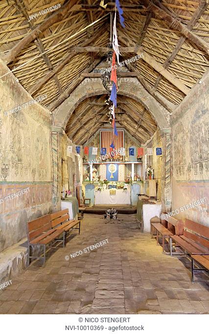 Interior view of the adobe church in Parinacota, Altiplano, Chile, South America