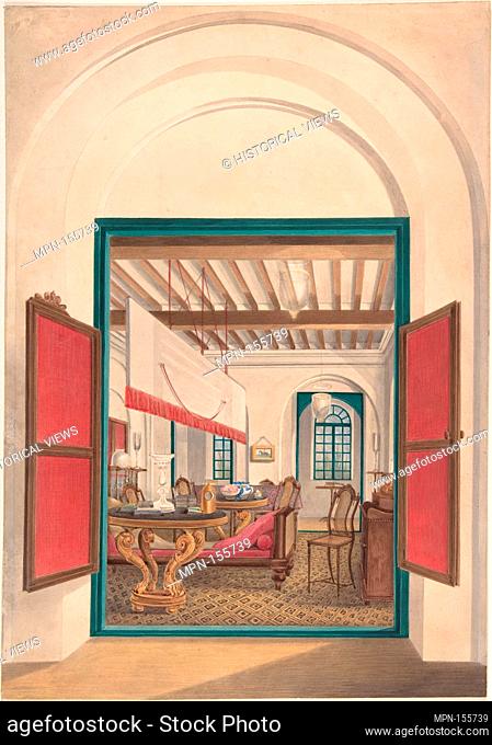 Interior of an English room in India or Ceylon. Artist: Anonymous, British, 19th century; Date: ca. 1830; Medium: Watercolor; Dimensions: sheet: 14 1/4 x 10 in