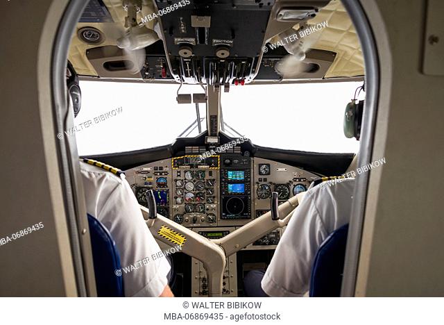 Netherlands, Sint Maarten, Maho Bay, cockpit view of inter-island airliner