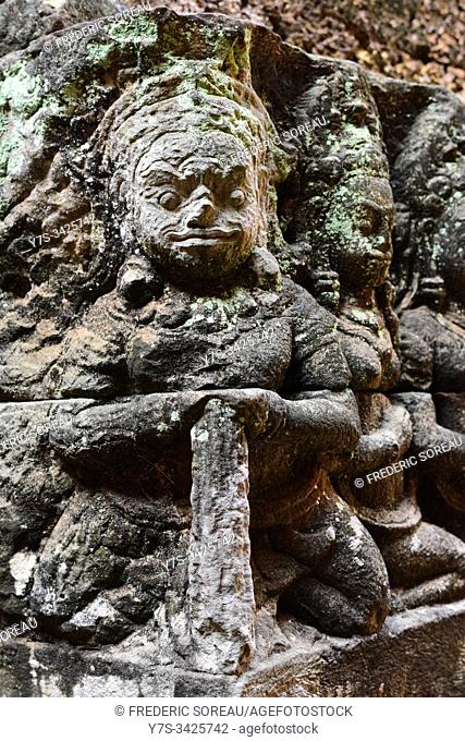 Ancient stone carvings at Terrace of the Leper King in Angkor Thom, Siem Reap, Cambodia, South Esat Asia