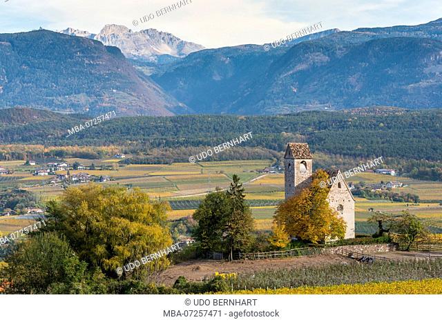 Italy, South Tyrol, Alto Adige, Überetsch, South Tyrol's South, Wine Route, Girlan, Ignaz Niedrist Winery, View of St. Michael - Eppan