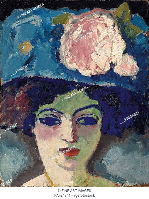 Femme au chapeau fleuri. Dongen, Cornelis (Kees), van (1877-1968). Oil on canvas. Fauvism. c. 1905. Holland. Private Collection. 47, 5x37, 5. Portrait