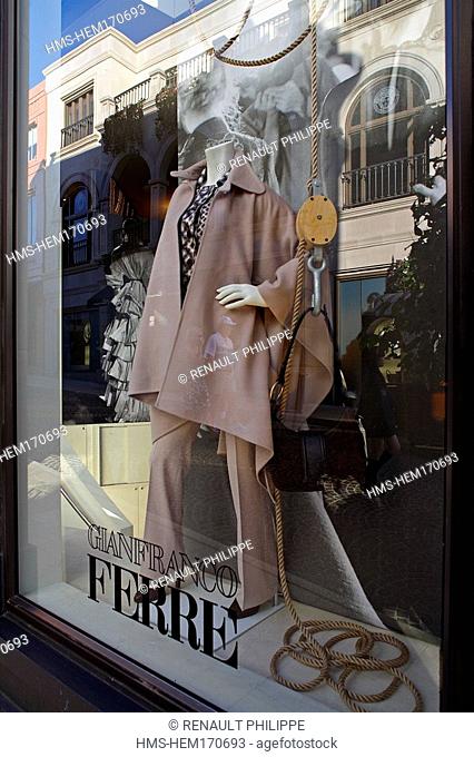 United States, California, Los Angeles, Beverly Hills, Rodeo Drive and its luxury boutiques, window of couturier Gianfranco Ferre