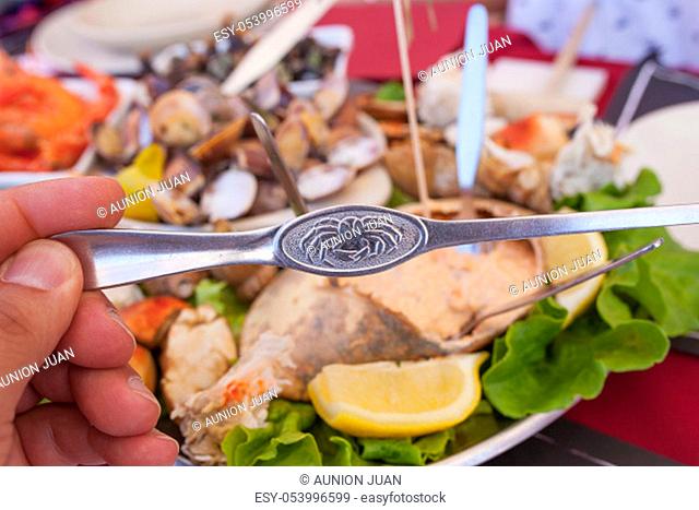 Brown crab fork and portuguese seafood meal or marisqueira as background