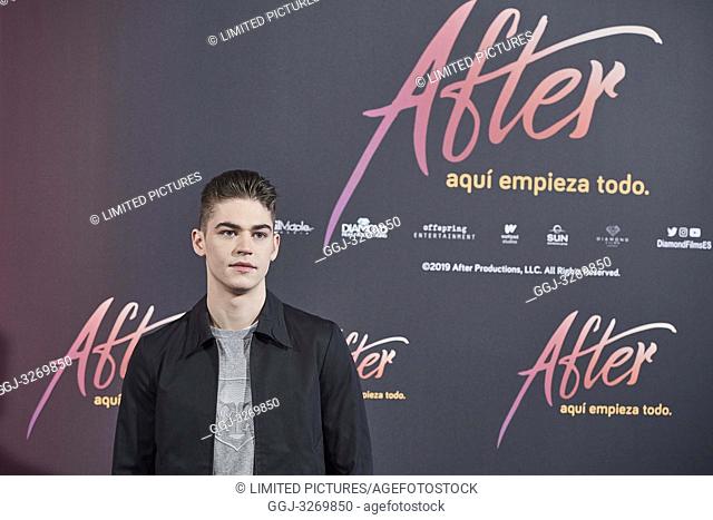 English actor Hero Fiennes Tiffin attends the Pedro Del Hierro fashion show at VP Plaza Espana Hotel on March 26, 2019 in Madrid, Spain
