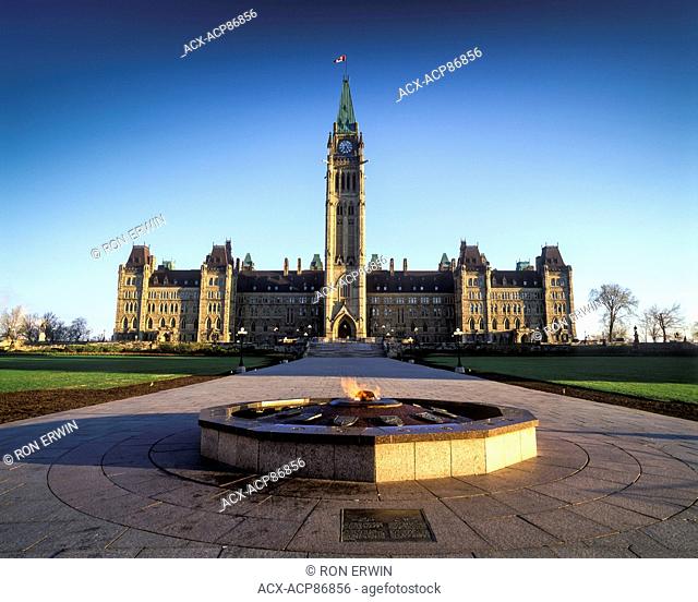 Centennial Flame and the Centre Block of the Parliament of Canada in Ottawa, Ontario, Canada