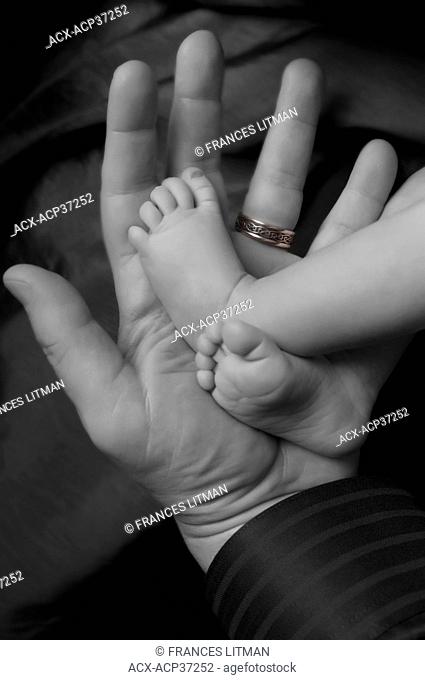 Black and white of newborn's feet on the hand of father with wedding ring