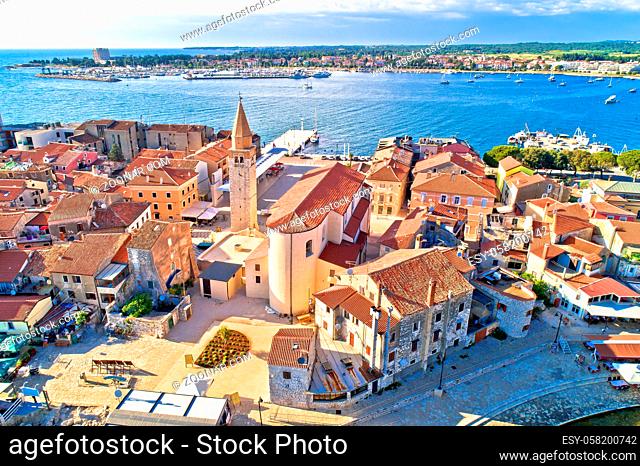 Umag. Aerial view of historic landmarks in town of Umag, Istria region of Croatia