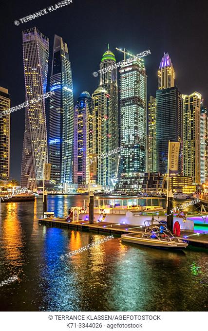 A night view of the marina in Dubai, UAE, Middle East