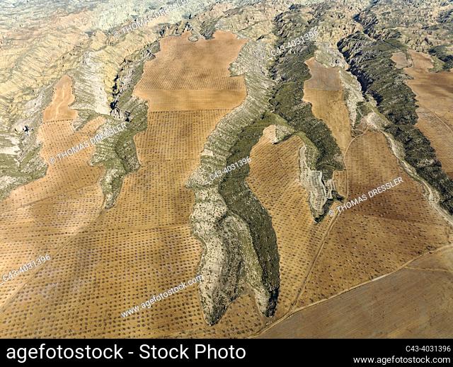 Canyons and gorges cut into the surrounding cultivated land. Aerial view. Drone shot. Gorafe Desert. UNESCO Granada Geopark