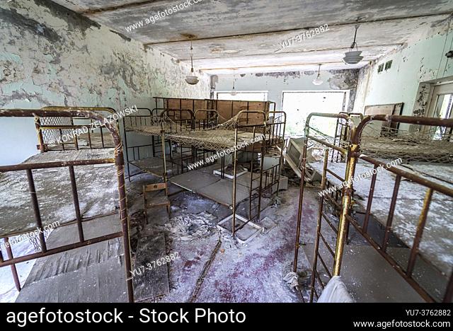 Interior of ""Cheburashka"" kindergarten No 10 in Pripyat ghost city, Chernobyl Nuclear Power Plant Zone of Alienation in Ukraine