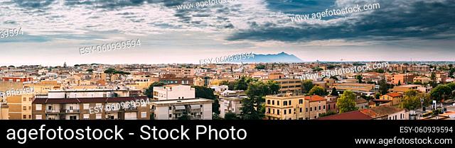 Terracina, Italy. Skyline View Of Terracina With Circeo Promontory And Tyrrhenian Sea In Background. Panorama. Panoramic View