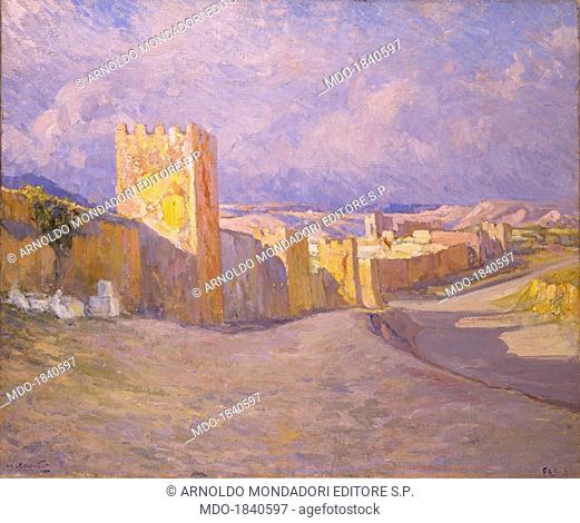 Walls in Fés, by Ulisse Caputo, 1913, 20th Century, oil on canvas. Private collection. Whole artwork view. Sight of the walls around the city