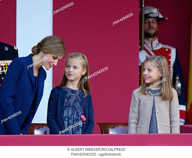 Madrid, 12-10-2015 HM Queen Letizia, Princess Leonor, Princess Sofia HM King Felipe, HM Queen Letizia, Princess Leonor, Princess Sofia attend the military...