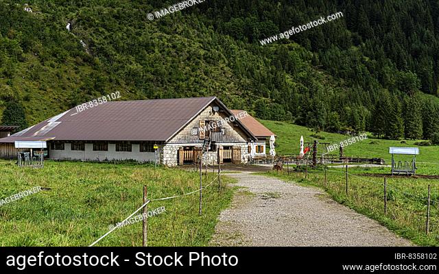 Inn with cowshed at the Vilsalpsee, Tannheimer Tal, Tyrol, Austria, Europe