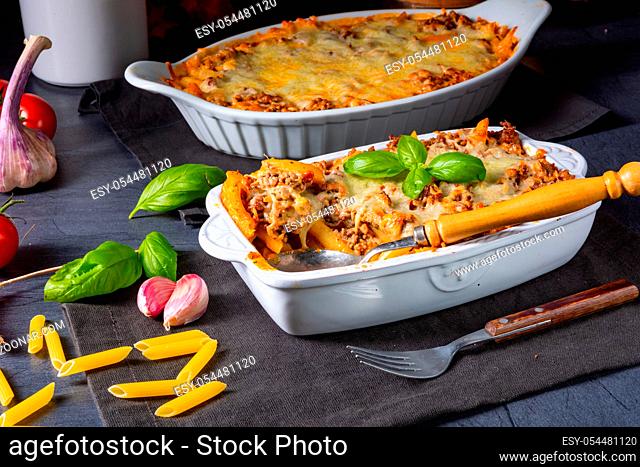 noodle , minced meat casserole with cheese