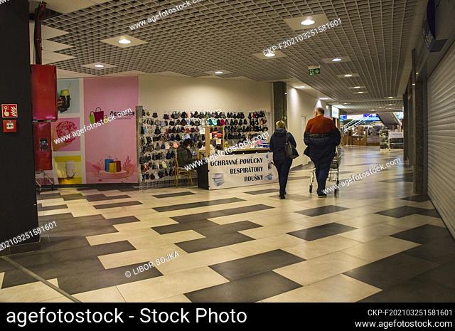 A PROTECTIVE EQUIPMENT, RESPIRATORS, FACE MASKS stand in the Albert Hypermarket in shopping zone Pruhonice - Cestlice, Czech Republic on March 12, 2021