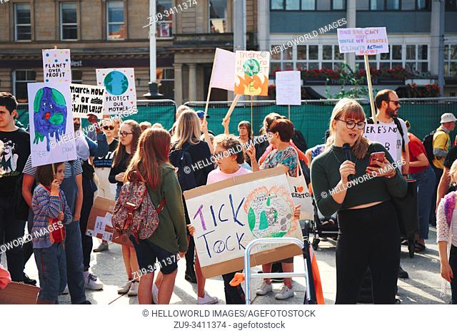 Young climate change protester speaking at the 20th September global climate strike, old Market Square, Nottingham, Nottinghamshire, East Midlands, England