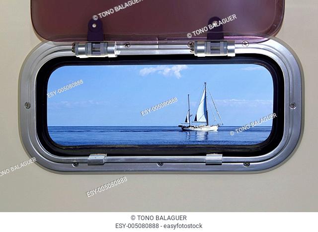 Boat porthole sailboat view blue ocean sea