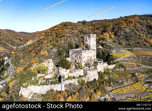 Aerial view, Gutenfels Castle in Kaub on the Rhine, Rhineland-Palatinate, Germany, Europe