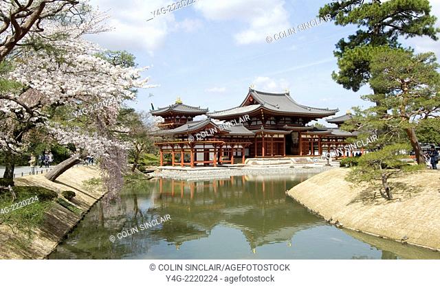 Byodo in, Uji, Near Kyoto, Japan, Temple, Morning sunshine, View across small lake, Horizontal, Cherry blossom