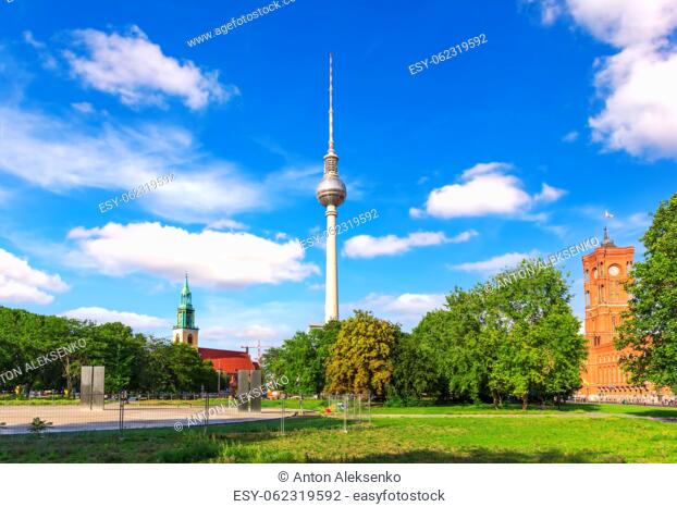 TV Tower and St Mary's Church not far from the Red City Hall, Berlin, Germany