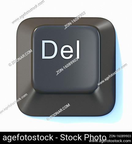 Black computer keyboard DELETE key 3D render illustration isolated on white background