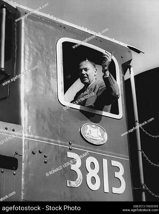 Stackhouse.Windsor inspects centenary exhibition commissioner for railways Mr. R. Windsor waves from the cab of A C.38 engine which is one of the railway...
