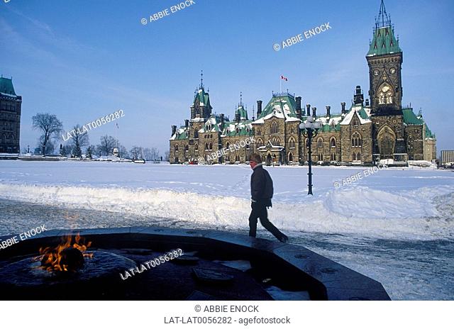 Parliament Buildings. Snow. Flame in centre of fountain in foreground. Pedestrian. Blue sky