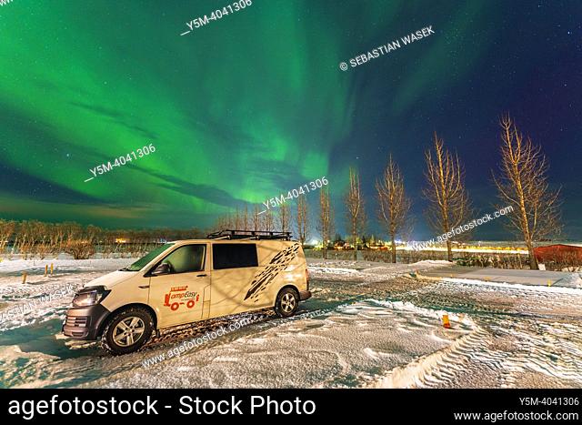 Northen lights over campsite, Southern Region, Iceland, Europe