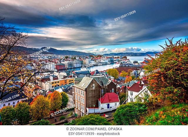 View of the beautiful Bergen bay in autumn, Norway
