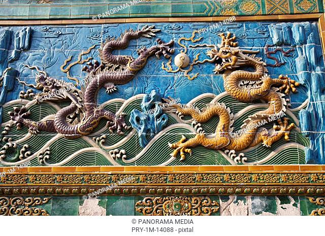 Close up of Nine-dragon Screen in North Park, Beijing