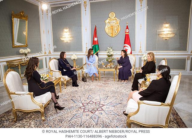 Queen Rania Meets Tunisian First Lady Chadlia Saïda Farhat, on February 3, 2019, during a working visit to Tunisia.Photo: Royal Hashemite Court/ Albert Nieboer...