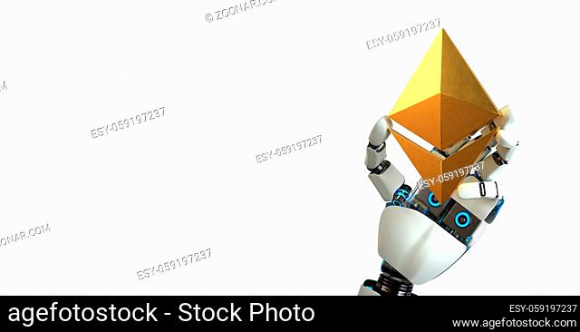 Robot holds an Ethereum in his hand. 3d illustration