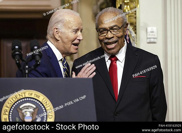United States President Joe Biden speaks to Reverend Wheeler Parker, Jr during a proclamation signing to establish the Emmett Till and Mamie Till-Mobley...