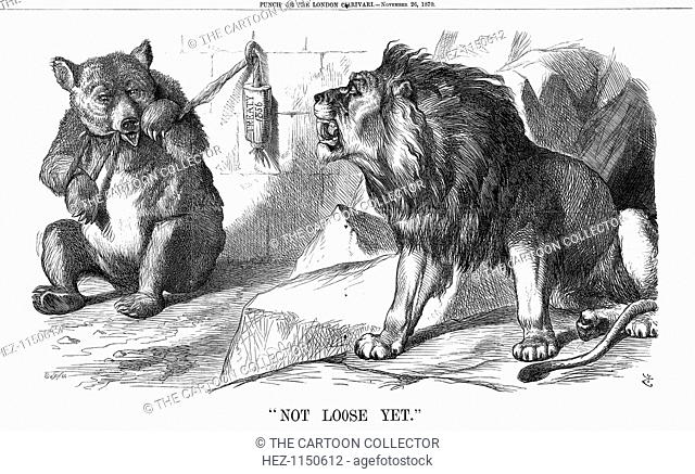 Not Loose Yet, 1870. The British lion keeps a watchful eye on the Russian bear. The bear is shown gnawing at the sturdy rope that shackles him to the Treaty of...