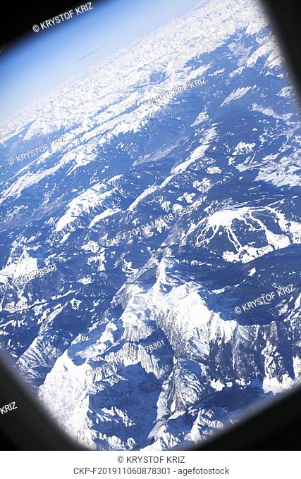 View from the window of an airoplane of Alitalia from Prague to Rome on peaks of Italian Alps on February 18, 2019. (CTK Photo/Krystof Kriz)