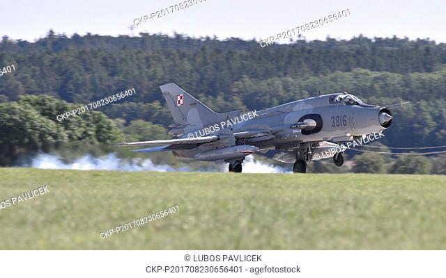 Polish fighters Su-22M3 arrives to the Ample Strike 2017 international air force exercise in Namest nad Oslavou airport, Czech Republic, on August 23, 2017
