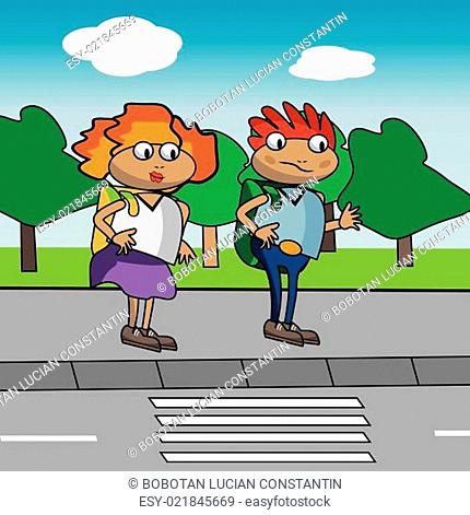 Graphic illustration of kids in front of pedestrian crossing
