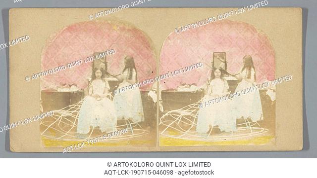 Scene in boudoir: girl combs hair from other girl in crinoline, anonymous, 1855 - 1865