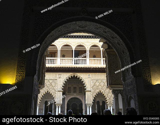 Royal Alcazars, Seville, Seville Province, Andalusia, Spain. A facade of the Patio de las Donacellas, the Maidenâ. . s Courtyard