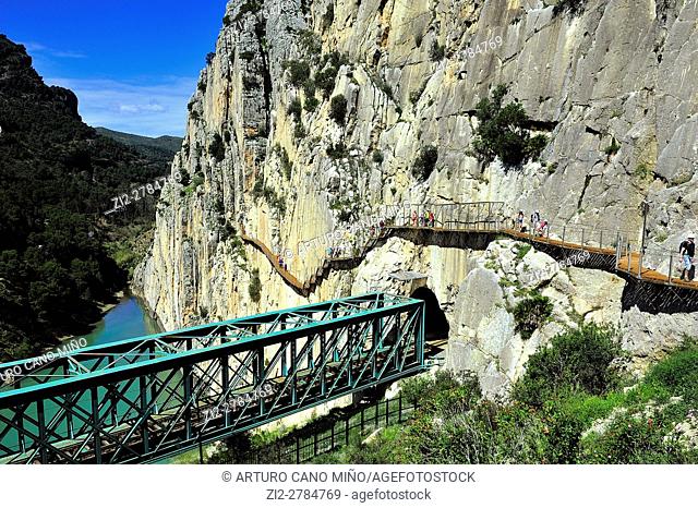 The railway bridge coming in a tunnel at the Desfiladero de los Gaitanes Natural Site. Malaga province, Spain