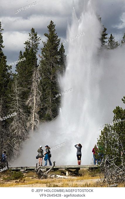 Grand Geyser erupting in Upper Geyser Basin of Yellowstone National Park, Wyoming, with people watching the spectacle