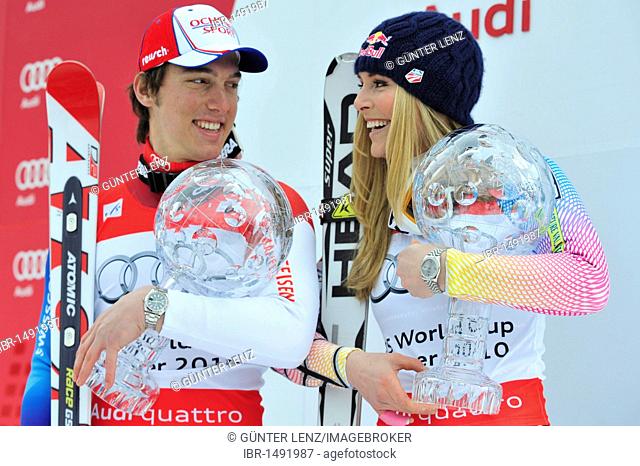 Carlo Janka and Lindsey Vonn with Overall World Cup Crystal Balls, award ceremony, FIS World Cup Final, 2010, Garmisch-Partenkirchen, Bavaria, Germany, Europe
