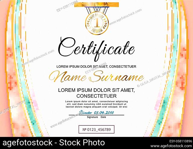Official pink marble certificate. Marble mesh elements with gold. White emblem